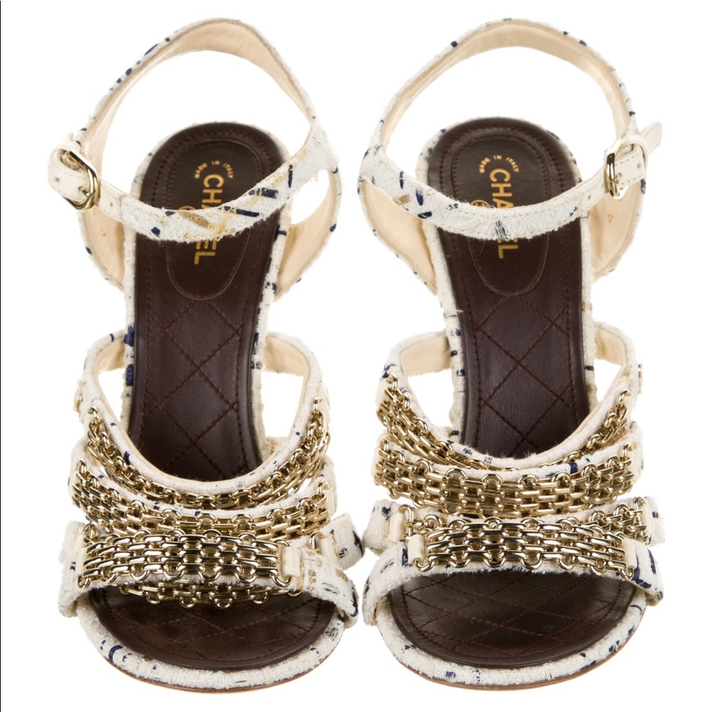 COPY - Chanel cc logos tweed gold chain strappy sandals size 38.5 - Picture 13 of 14